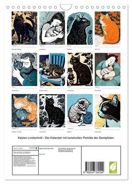 Produktbild: Katzen Linolschnitt - Der Kalender mit kunstvollen Portr&auml;ts der Samtpfoten (Wandkalender 2026 DIN A4 hoch), CALVENDO Monatskalender