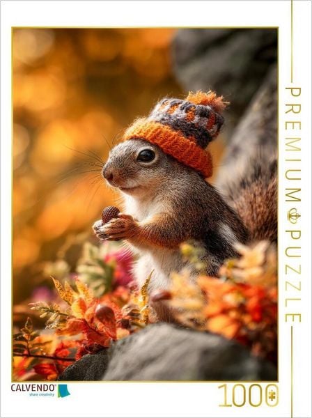 CALVENDO Puzzle Eichhörnchen mit Mütze im Herbst | 1000 Teile Lege-Größe 64x48cm Foto-Puzzle für glückliche Stunden