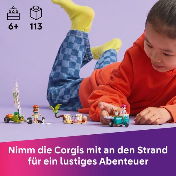Produktbild: LEGO Friends Strandabenteuer mit Hunden, Set mit Corgis, Surfbrett 42641