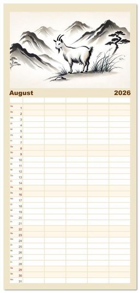 Produktbild: Familienplaner 2026 - Chinesische Tierkreiszeichen - Kunstvolle KI-Tuschemalerei des Ostens mit 5 Spalten (Wandkalender, 21 x 45 cm) CALVENDO