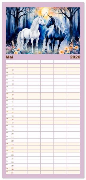 Produktbild: Familienplaner 2026 - Magische Einh&ouml;rner - Traumlandschaften unterm Regenbogen mit 5 Spalten (Wandkalender, 21 x 45 cm) CALVENDO