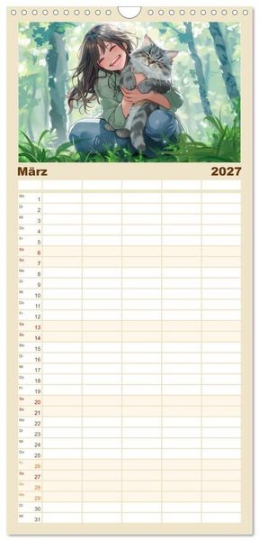 Produktbild: Familienplaner 2027 - Tierische Anime-Freunde - Fr&ouml;hliche Streifz&uuml;ge mit Hund und Katze mit 5 Spalten (Wandkalender, 21 x 45 cm) CALVENDO