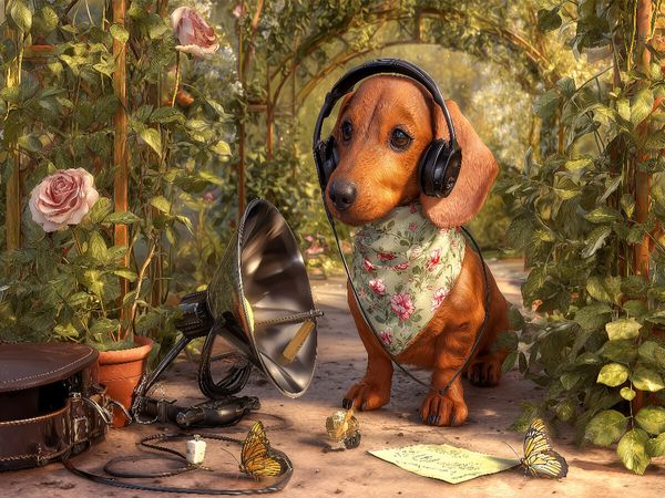 Produktbild: CALVENDO Puzzle Dackel mit Abh&ouml;ranlage im Rosengarten auf geheimer Mission | 1000 Teile Lege-Gr&ouml;&szlig;e 64x48cm Foto-Puzzle f&uuml;r gl&uuml;ckliche Stunden