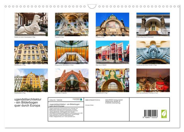 Produktbild: Jugendstilarchitektur - ein Bilderbogen quer durch Europa (Wandkalender 2026 DIN A3 quer), CALVENDO Monatskalender