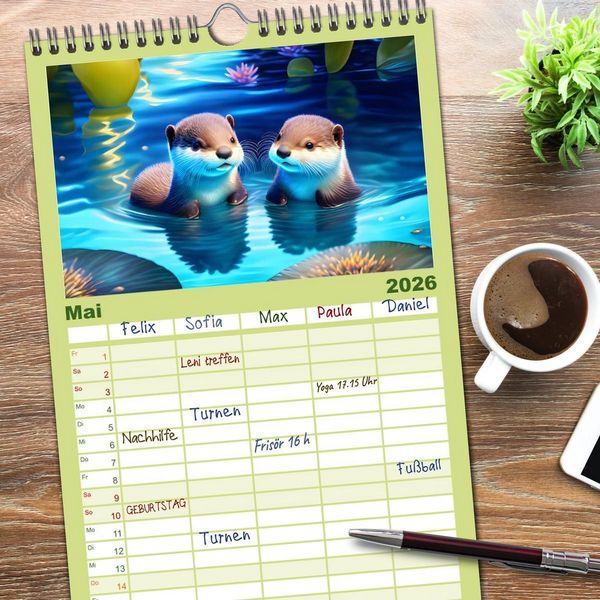 Produktbild: Familienplaner 2026 - Niedliche Fischotter begleiten dich durch das Jahr mit 5 Spalten (Wandkalender, 21 x 45 cm) CALVENDO