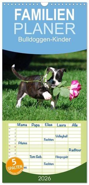 Produktbild: Familienplaner 2026 - Bulldoggen-Kinder mit 5 Spalten (Wandkalender, 21 x 45 cm) CALVENDO