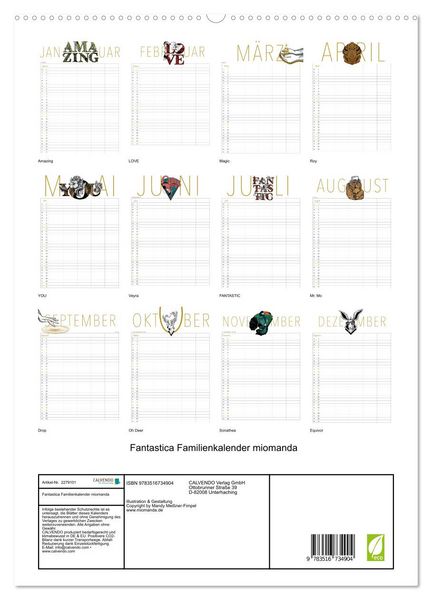 Produktbild: Fantastica Familienkalender miomanda (hochwertiger Premium Wandkalender 2026 DIN A2 hoch), Kunstdruck in Hochglanz
