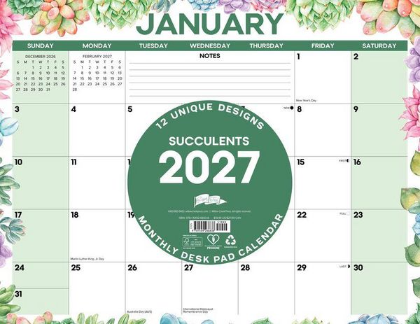 Produktbild: Succulents 2027 22 X 17 Large Monthly Deskpad