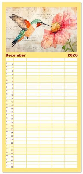 Produktbild: Familienplaner 2026 - Fliegende Kunstwerke - Kolibris mit 5 Spalten (Wandkalender, 21 x 45 cm) CALVENDO