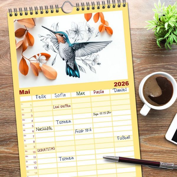 Produktbild: Familienplaner 2026 - Fliegende Kunstwerke - Kolibris mit 5 Spalten (Wandkalender, 21 x 45 cm) CALVENDO