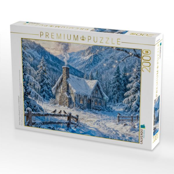 Produktbild: CALVENDO Puzzle Winter Cottage im Bergwald mit Zaun und Waldv&ouml;geln | 2000 Teile Lege-Gr&ouml;&szlig;e 90x67cm Foto-Puzzle f&uuml;r gl&uuml;ckliche Stunden