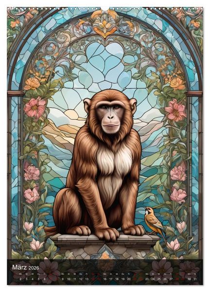 Produktbild: Wildtiere und Glaskunst im Tiffany Stil (Wandkalender 2026 DIN A2 hoch), CALVENDO Monatskalender