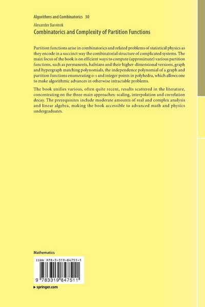 Produktbild: Combinatorics and Complexity of Partition Functions