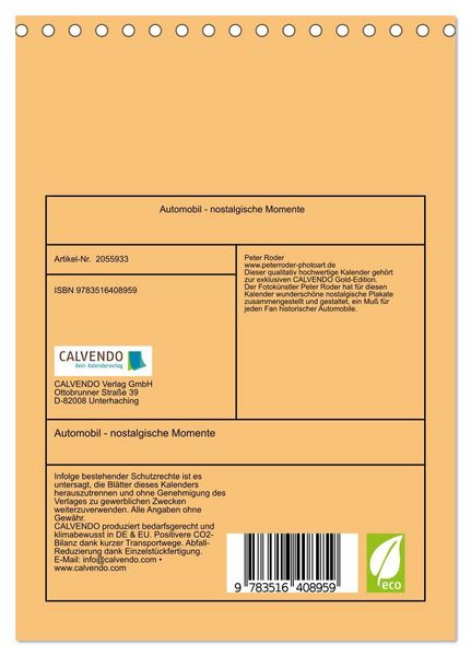Produktbild: Automobil - nostalgische Momente (Tischkalender 2026 DIN A5 hoch), CALVENDO Monatskalender