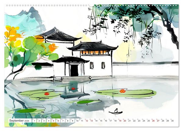Produktbild: Fernost Impressionen - Tempel und Landschaften in KI-Tuschekunst (hochwertiger Premium Wandkalender 2026 DIN A2 quer), Kunstdruck in Hochglanz