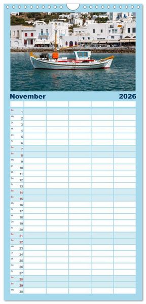 Produktbild: Familienplaner 2026 - Mykonos - Natur, Meer und wei&szlig;e W&auml;nde mit 5 Spalten (Wandkalender, 21 x 45 cm) CALVENDO