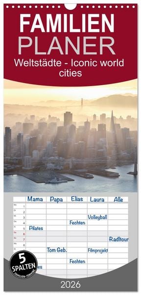 Produktbild: Familienplaner 2026 - Weltst&auml;dte - Iconic world cities mit 5 Spalten (Wandkalender, 21 x 45 cm) CALVENDO