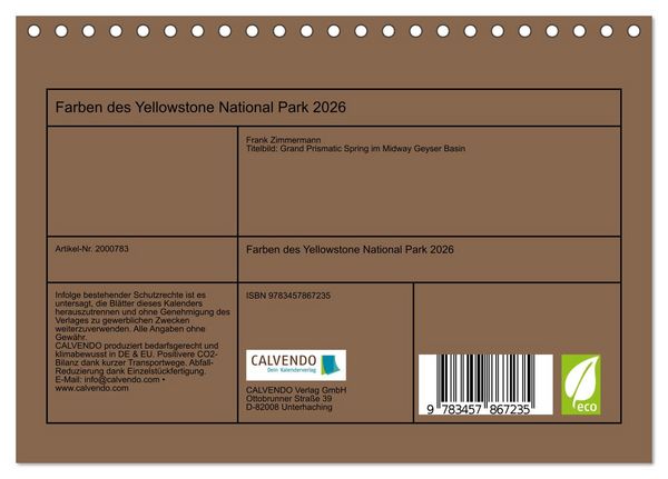 Produktbild: Farben des Yellowstone National Park 2026 (Tischkalender 2026 DIN A5 quer), CALVENDO Monatskalender