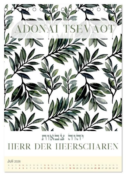 Produktbild: Hebr&auml;ische Namen Gottes aus der Torah (Tischkalender 2026 DIN A5 hoch), CALVENDO Monatskalender