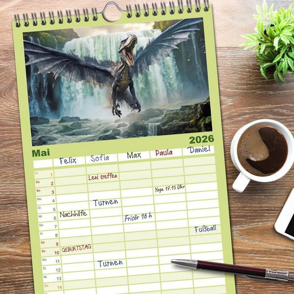Produktbild: Familienplaner 2026 - Urzeittiere - KI-Fantasiebilder mit 5 Spalten (Wandkalender, 21 x 45 cm) CALVENDO