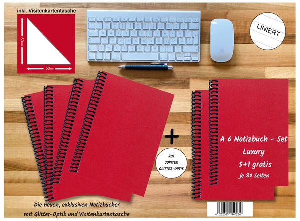 Produktbild: A 6 Notizbuch - Set, 5+1 gratis, Luxury 80 Seiten ROT JUPITER GLITTER-OPTIK, liniert