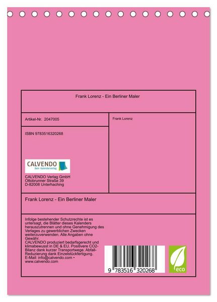Produktbild: Frank Lorenz - Ein Berliner Maler (Tischkalender 2026 DIN A5 hoch), CALVENDO Monatskalender