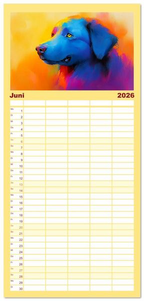 Produktbild: Familienplaner 2026 - Kraftvolle Partner. Hunde in k&uuml;nstlerischer &Ouml;loptik mit 5 Spalten (Wandkalender, 21 x 45 cm) CALVENDO