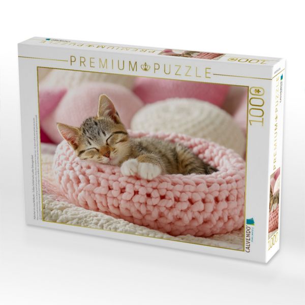 Produktbild: CALVENDO Puzzle K&auml;tzchen im rosa Wollkorb - S&uuml;&szlig;es Schlafmotiv voller Geborgenheit | 1000 Teile Lege-Gr&ouml;&szlig;e 64x48cm Foto-Puzzle f&uuml;r gl&uuml;ckliche Stunden