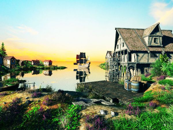 Produktbild: CALVENDO Puzzle Dorf am Meer mit Segelschiff | 1000 Teile Lege-Gr&ouml;&szlig;e 64x48cm Foto-Puzzle f&uuml;r gl&uuml;ckliche Stunden