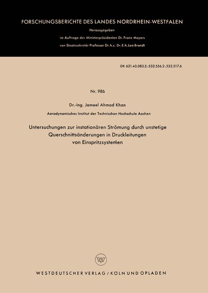 Produktbild: Untersuchungen zur instation&auml;ren Str&ouml;mung durch unstetige Querschnitts&auml;nderungen in Druckleitungen von Einspritzsystemen
