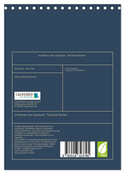 Produktbild: Im Namen des Gesetzes Tierische Richter (Tischkalender 2026 DIN A5 hoch), CALVENDO Monatskalender