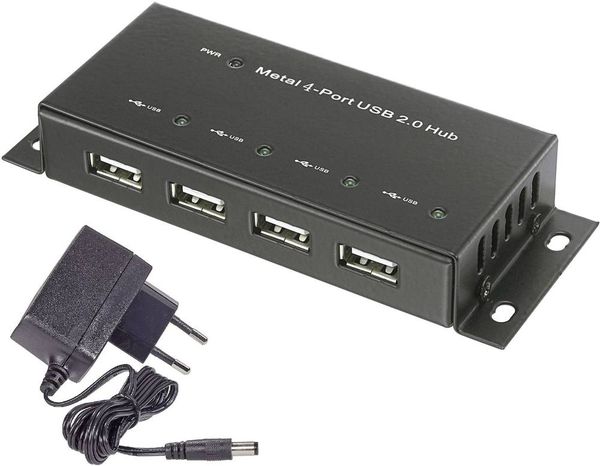 Renkforce RF-4830984 USB-Hub 4 Port USB-A USB 2.0 480 MBit/s Metallgehäuse, zur Wandmontage Schwarz RF-4830984