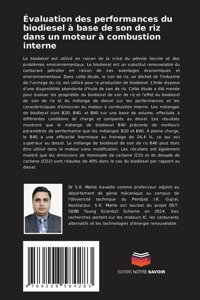 Produktbild: &Eacute;valuation des performances du biodiesel &agrave; base de son de riz dans un moteur &agrave; combustion interne