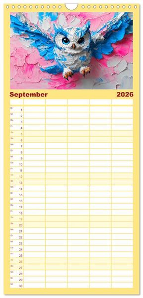 Produktbild: Familienplaner 2026 - Eulen. Entz&uuml;ckende Paintings mit 5 Spalten (Wandkalender, 21 x 45 cm) CALVENDO