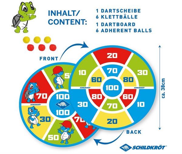 Produktbild: Schildkr&ouml;t Soft Dart Set, Klett Dartscheibe beidseitig bedruckt &Oslash;38cm, 6 Klettb&auml;lle, Indoor Outdoor Dartspiel