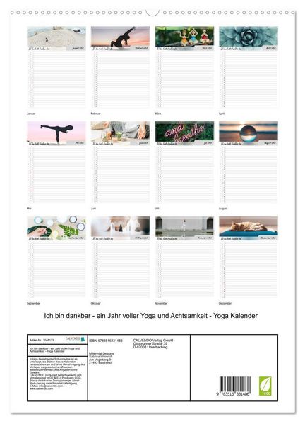 Produktbild: Ich bin dankbar - ein Jahr voller Yoga und Achtsamkeit - Yoga Kalender (hochwertiger Premium Wandkalender 2026 DIN A2 hoch), Kunstdruck in Hochglanz