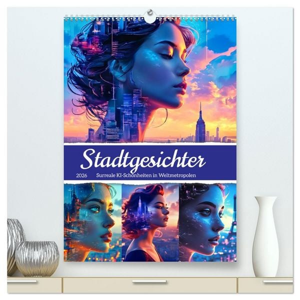 Produktbild: Stadtgesichter - Surreale KI-Sch&ouml;nheiten in Weltmetropolen (hochwertiger Premium Wandkalender 2026 DIN A2 hoch), Kunstdruck in Hochglanz
