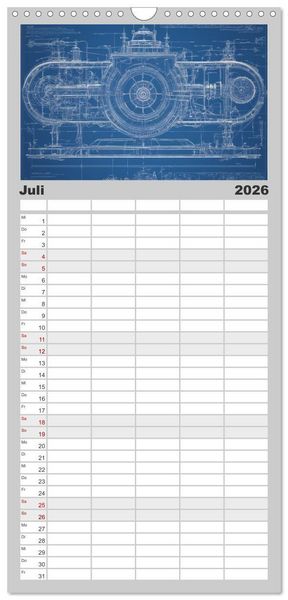 Produktbild: Familienplaner 2026 - Steampunk - Blaupausen mit 5 Spalten (Wandkalender, 21 x 45 cm) CALVENDO