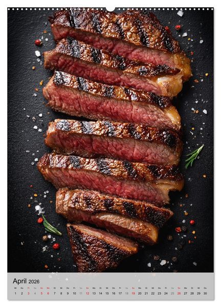 Produktbild: Saftiges Fleisch - Steaks f&uuml;r Genie&szlig;er und Fleischliebhaber (hochwertiger Premium Wandkalender 2026 DIN A2 hoch), Kunstdruck in Hochglanz