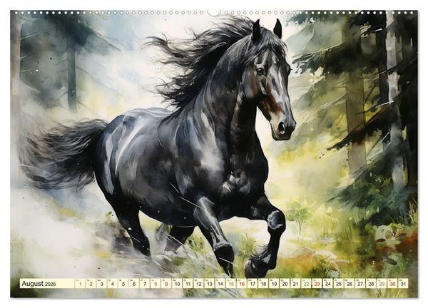 Produktbild: Pferde. Romantische Aquarelle von schwarzen Sch&ouml;nheiten (hochwertiger Premium Wandkalender 2026 DIN A2 quer), Kunstdruck in Hochglanz