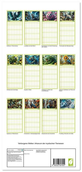 Produktbild: Familienplaner 2026 - Verborgene Welten: Arkanum der mystischen Tierwesen mit 5 Spalten (Wandkalender, 21 x 45 cm) CALVENDO