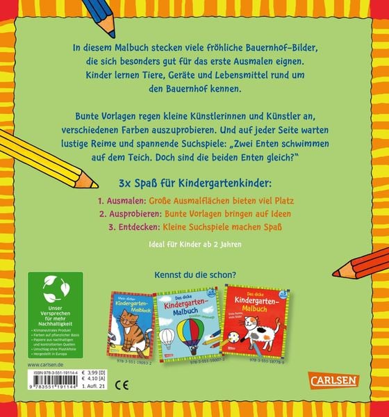 Produktbild: Ausmalbilder f&uuml;r Kita-Kinder: Das dicke Kindergarten-Malbuch: Auf dem Bauernhof