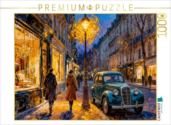 CALVENDO Puzzle Abendliche Straßenszene mit Oldtimer im Laternenlicht Impressionismus Puzzle | 1000 Teile Lege-Größe 64x48cm Foto-Puzzle für glückliche Stunden