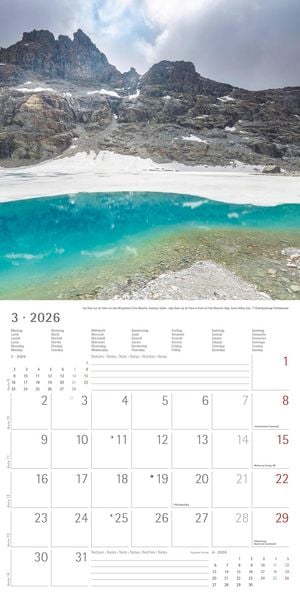 Produktbild: Alpha Edition - Alpen 2026 Broschürenkalender, 30x30cm, Wandkalender mit Platz für Notizen und Termine, Aufnahmen der Alpen, Monatsübersicht und Ferie