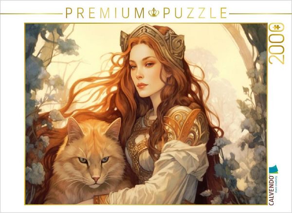 CALVENDO Puzzle Keltische Prinzessin mit Katze | 2000 Teile Lege-Größe 90x67cm Foto-Puzzle für glückliche Stunden