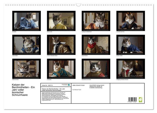 Produktbild: Katzen der Ber&uuml;hmtheiten - Ein Jahr voller ikonischer Schnurrhaare (Wandkalender 2026 DIN A2 quer), CALVENDO Monatskalender