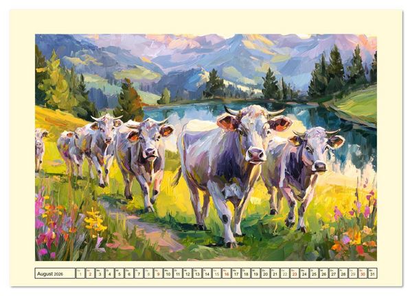 Produktbild: Almseelen im Licht der Berge. Charmante K&uuml;he in kunstvoller &Ouml;loptik (Wandkalender 2026 DIN A2 quer), CALVENDO Monatskalender