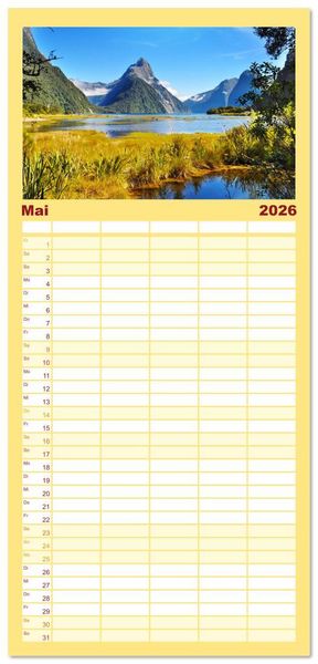 Produktbild: Familienplaner 2026 - Erlebe mit mir das Naturwunder Neuseeland die S&uuml;dinsel mit 5 Spalten (Wandkalender, 21 x 45 cm) CALVENDO