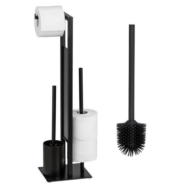 Produktbild: Stand WC-Garnitur Mod. Rivalta Schwarz mit Ersatzb&uuml;rste, integrierter Toilettenpapierhalter und