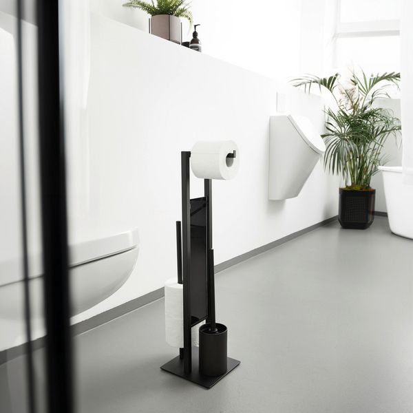 Produktbild: Stand WC-Garnitur Mod. Rivalta Schwarz mit Ersatzb&uuml;rste, integrierter Toilettenpapierhalter und